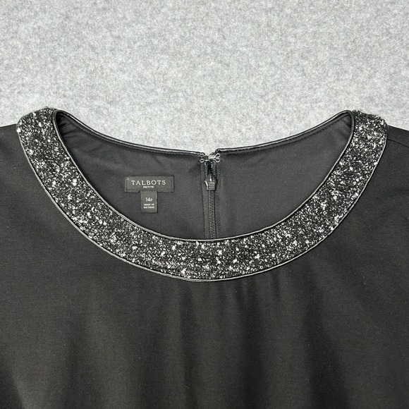 Talbots Black Sheath Dress‎ Ponte Tweed Neckline 3/4 Sleeve Office 14 Petite 14P - Picture 2 of 13